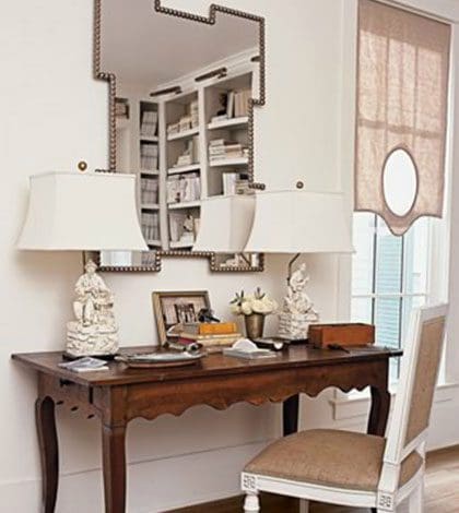 A desk with two lamps and a mirror